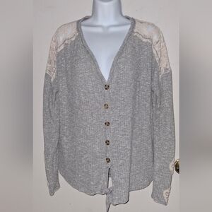 Rewind Womens Gray Button-Up Shirt With Lace Accents Size XL